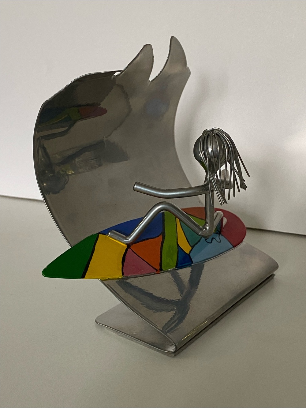 Metal Surfer Sculpture Ireland Hand Made Surfboard Figurine Colorful Ken Greene